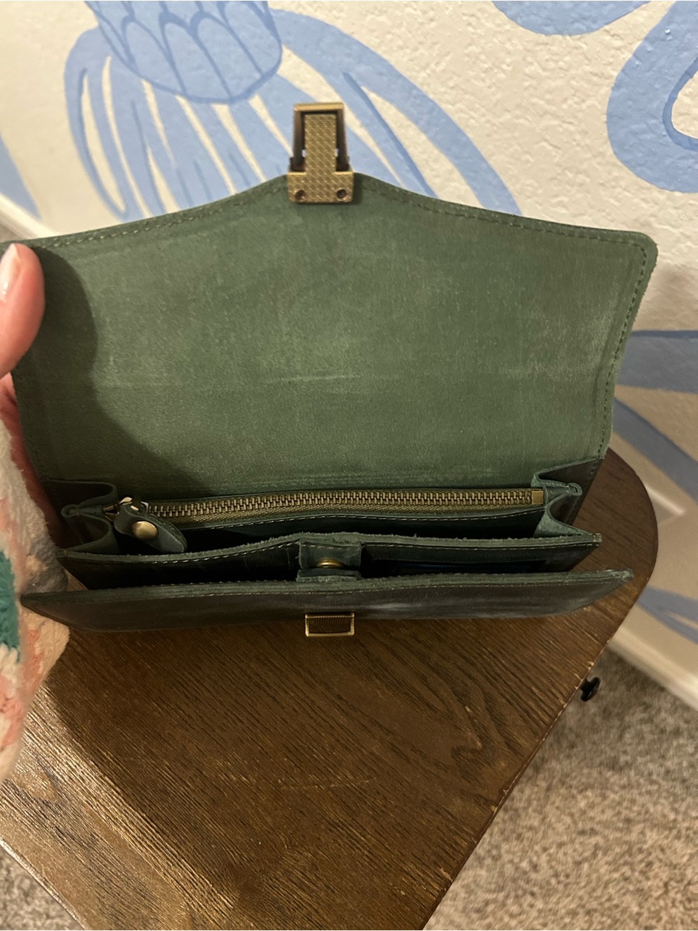 Vintage Style Green Leather Trifold Long Wallet Envelope - Picture 3 of 7